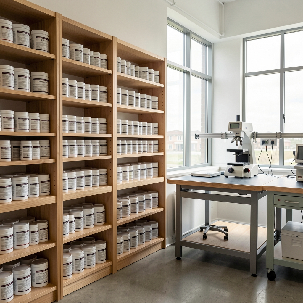 Kaldorex studio workspace interior showing wooden shelving with supplement containers, a quality-control bench and natural light from a large window in London