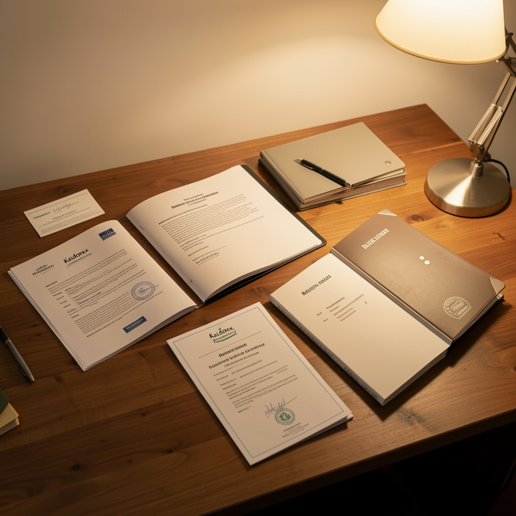 Kaldorex archive documentation spread on a wooden desk — sourcing briefs, batch certificates and revision-numbered folders arranged neatly under warm lamp light