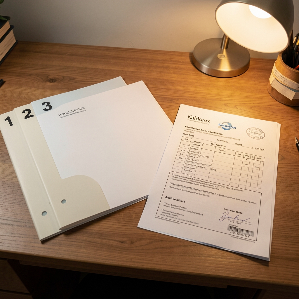 Kaldorex process documentation laid flat on a wooden desk — numbered revision folders, a composition record and a batch verification certificate under warm lamp light