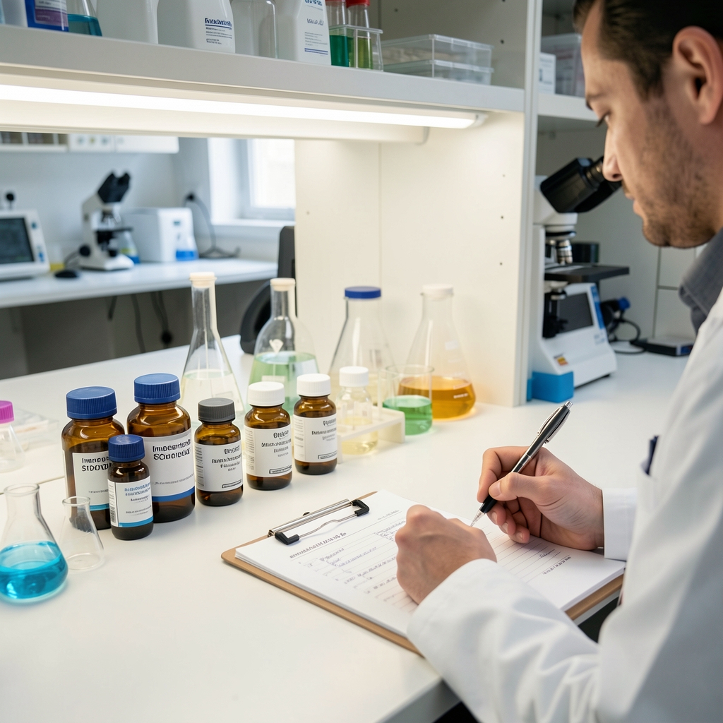 Independent laboratory bench with amber supplement bottles lined up for analysis under bright workspace lighting, technician notes visible on a clipboard