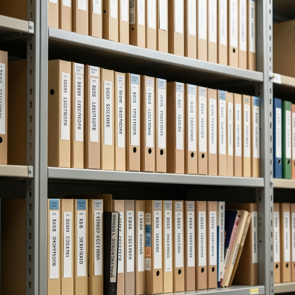 Kaldorex archive shelving showing labelled lot record folders organised by batch code, revision tabs visible along the spines, studio lighting