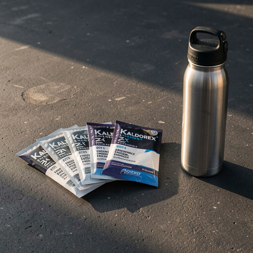 Kaldorex energy and endurance supplement sachets fanned out on a dark concrete surface next to a stainless water bottle, morning light, athletic context