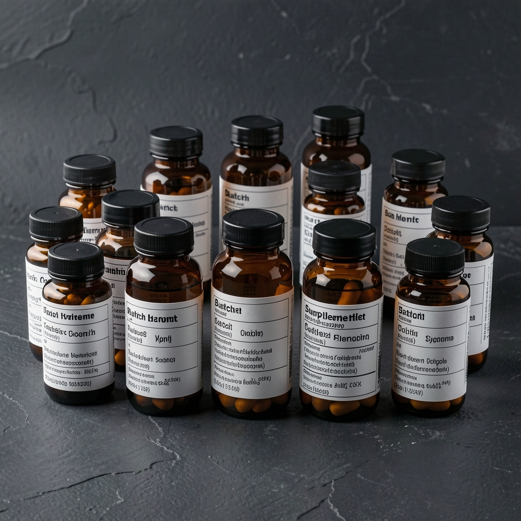 Array of amber glass supplement bottles with printed batch labels arranged on a dark textured background under controlled lighting