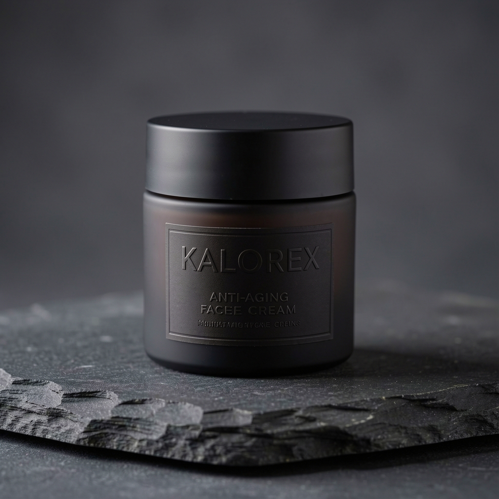 Kaldorex anti-aging face cream jar in dark matte glass with embossed label, resting on a smooth dark stone surface under studio lighting