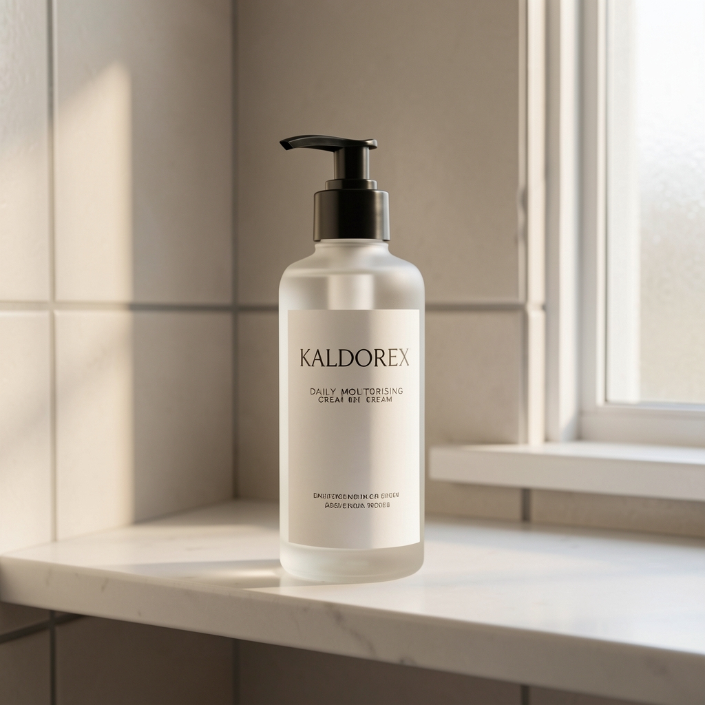 Kaldorex daily moisturising cream pump bottle in frosted glass with minimal typography label, positioned on a bathroom shelf with natural light