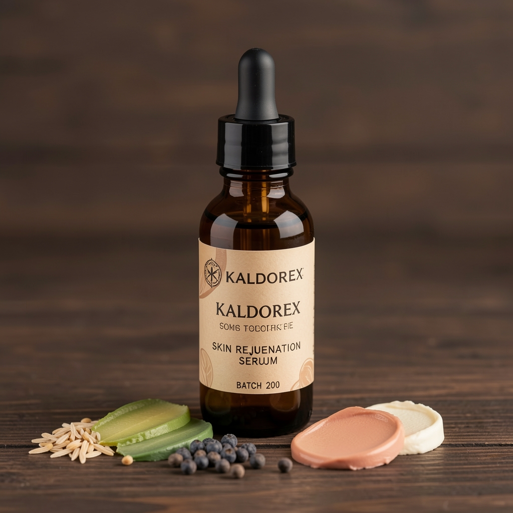 Kaldorex skin rejuvenation serum in a tall amber dropper bottle with batch code visible, placed on a dark wooden surface alongside ingredient swatches