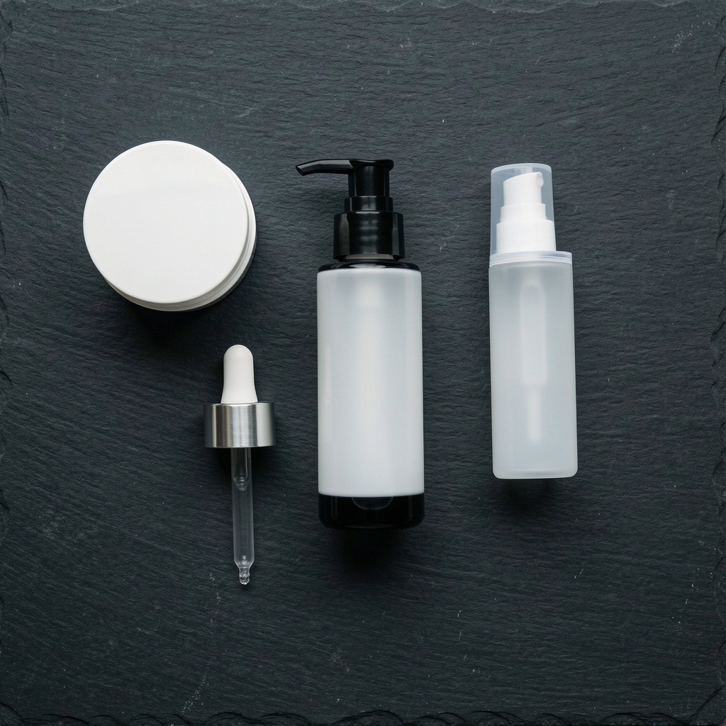 Full Kaldorex skincare range laid out flat from above on a dark slate surface — face cream jar, moisturiser pump, serum dropper and ingredient documentation arranged in a clean flat-lay composition