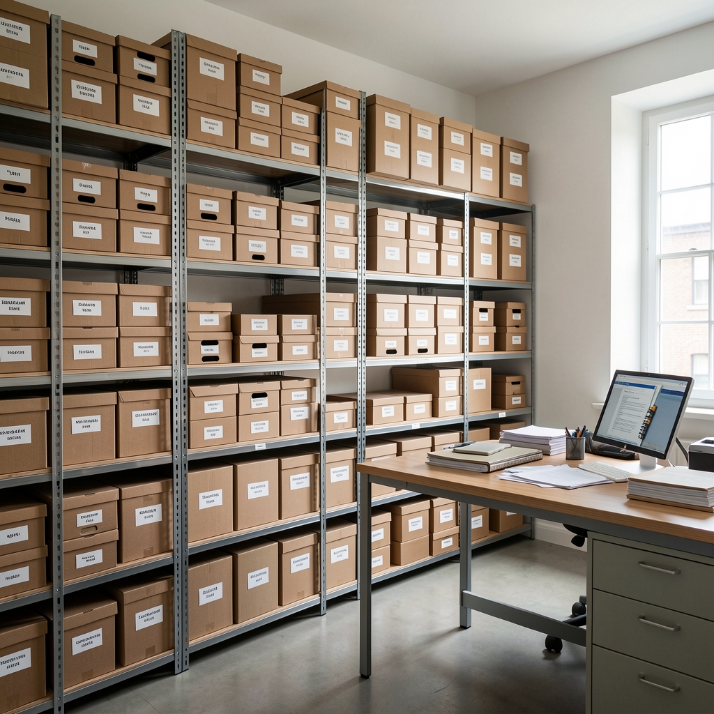 Kaldorex London studio archive area showing labelled box files arranged on a floor-to-ceiling shelving system, sourcing briefs visible on a standing desk